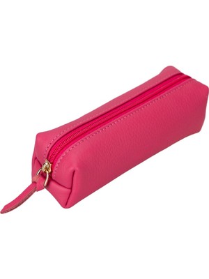 PLM Gerçek Deri Kalem Kutusu El Yapımı Fermuarlı Kılıf Şeker Pembe