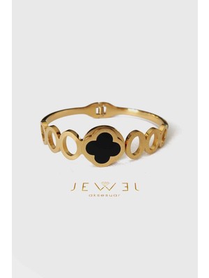 Jewel Delikli Siyah Yonca Gold Altın Kaplama Bileklik
