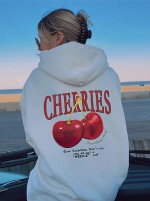 Touz Moda Street Wear Cherry Baskılı Oversize Unisex Ecru Kapşonlu Hoodie Sweatshirt