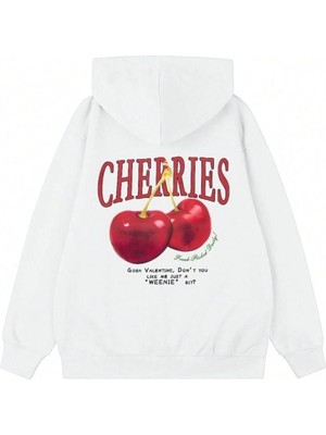 Touz Moda Street Wear Cherry Baskılı Oversize Unisex Ecru Kapşonlu Hoodie Sweatshirt