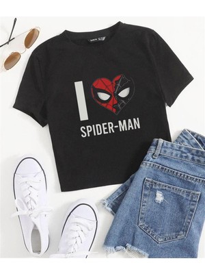 I Love Spider-Man Baskılı Siyah Crop