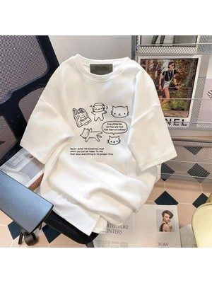Touz Moda Retro Karikatür Kedi Baskılı Beyaz Oversize T-Shirt
