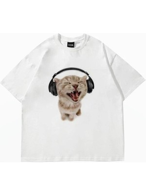 Touz Moda Y2K Kulaklıkla Müzik Dinleyen Kedi Baskılı Beyaz Unisex Oversize T-Shirt