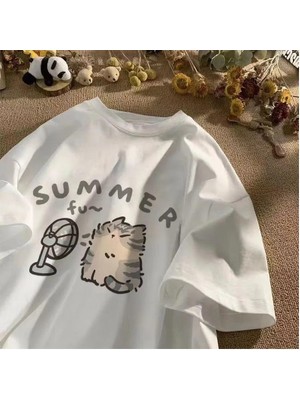 Touz Moda Summer Cat Baskılı Beyaz Unisex Oversize T-Shirt