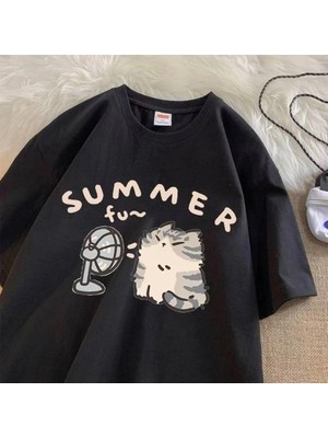 Touz Moda Summer Cat Baskılı Siyah Oversize T-Shirt