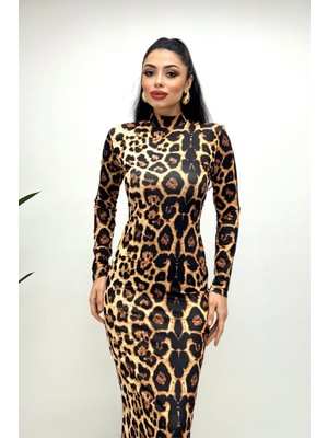 Giyimmasalı Jarse Kumaş Leopar Desenli Maxi Elbise - Leopar