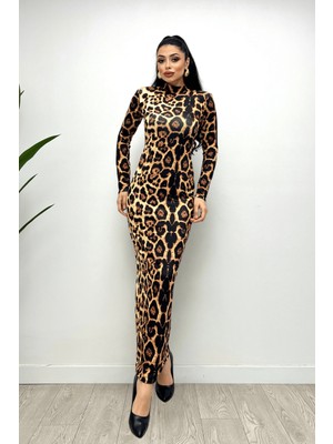 Giyimmasalı Jarse Kumaş Leopar Desenli Maxi Elbise - Leopar