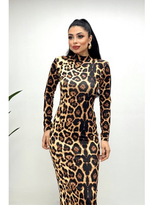 Giyimmasalı Jarse Kumaş Leopar Desenli Maxi Elbise - Leopar