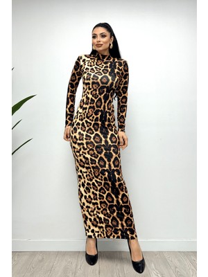 Giyimmasalı Jarse Kumaş Leopar Desenli Maxi Elbise - Leopar