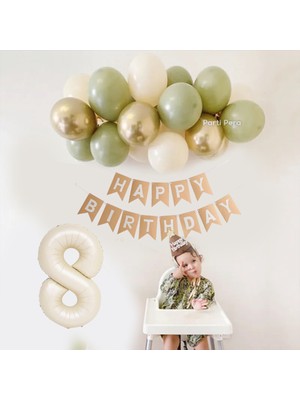 Parti Pera Küf Yeşili Deniz Kumu Krom Gold Pastel Balon Bej Krem Rakam Folyo Balon Zinciri Seti