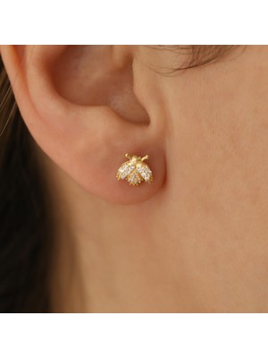 Nox Jewelry 14 Ayar Altın Kaplama Taşlı Uğur Böceği Gümüş Küpe – Şans Sembolü Zarif Küpe - ES00112