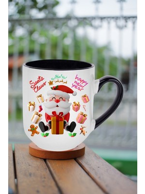 Caisya Noel Baba Happy Christmas Baskılı Içi Siyah Lüx Kupa Bardak Porselen Çay Kahve Fincanı