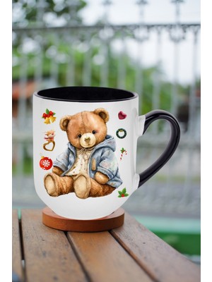 Caisya Yeni Yıl Oyuncak Ayı Teddy Bear Baskılı Içi Siyah Lüx Kupa Bardak Porselen Çay Kahve Fincanı