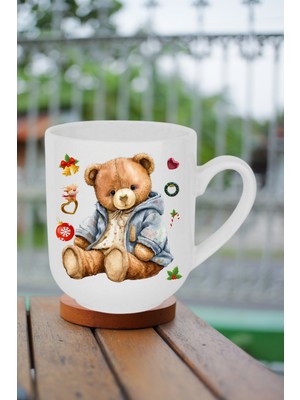 Caisya Yeni Yıl Oyuncak Ayı Teddy Bear Baskılı Lüx Kupa Bardak Porselen Çay Kahve Fincanı