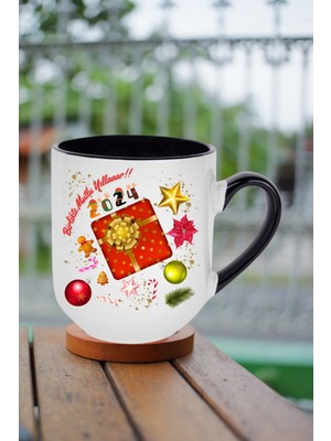 Caisya Yılbaşı 2024 Baskılı Içi Siyah Lüx Kupa Bardak Porselen Çay Kahve Fincanı