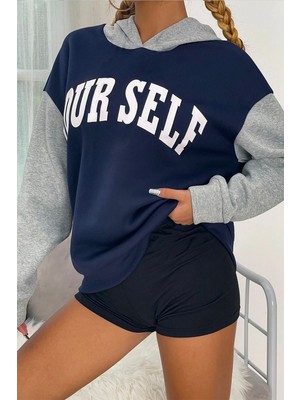 De Plein Your Self Oversize Kadın Baskılı Lacivert Kapüşonlu Sweatshirt