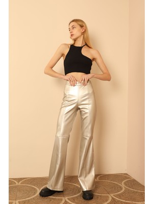 Lody Mood Deri Kumaş Uzun Boy Skinny Fit Ispanyol Kadın Pantolon-Gümüş