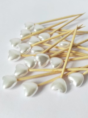 TM Tasarım Mağazası 50 Adet Dekoratif Kalp Inci Boncuklu Kokteyl Kürdanı 6,5 cm - Kalp 10 mm - Sevgililer Günü Kalpli Kürdan