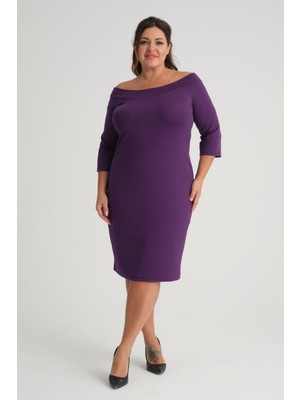 Madwilo Kadın Mor Carmen Yaka Truvakar Kol Büyük Beden Esnek Krep Elbise