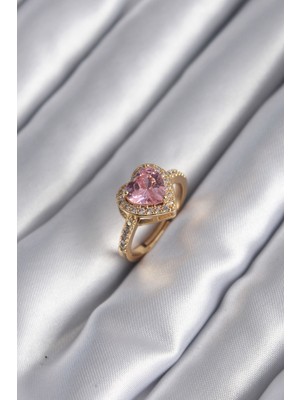 Callerrons Accessories  Pirinç Gold Renk Pembe Zirkon Taşlı Kalp Model Kadın Yüzük