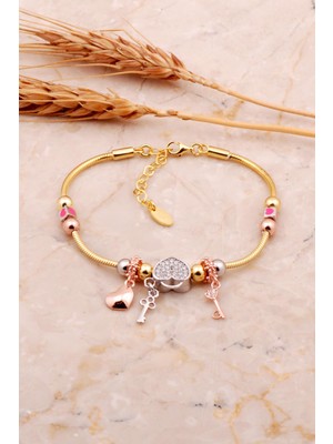 Sümer Telkari Kalp Tasarım Altın Kaplama Mineli Gümüş Şans Bileklik 4521