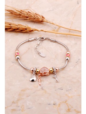 Sümer Telkari Kalp Tasarım Rodyumlu Mineli Gümüş Şans Bileklik 4522