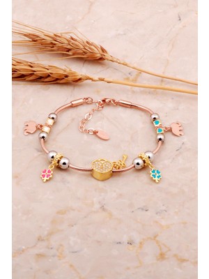 Sümer Telkari Kalp Tasarım Rose Mineli Gümüş Şans Bileklik 4526