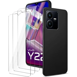 M.TK Moveteck Vivo Y22S - Y35 Uyumlu Kılıf Silikon + 9h Tempereli Nano Cam 2'li Set Ekran Camı