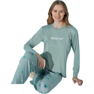 Kadın Yuvarlak Yaka Düğmesiz Mevsimlik Uzun Kol Pijama Takımı