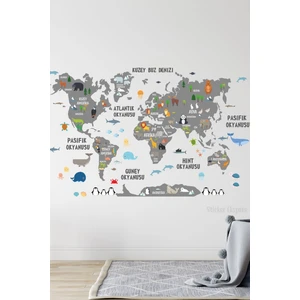 Sticker Ekspres Koyu Gri Türkçe Dünya Haritası Dünya Atlası Bebek Çocuk Odası Anaokulu Kreş Duvar Sticker