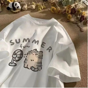 Touz Moda Summer Cat Baskılı Beyaz Oversize T-Shirt