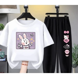 Kids Face Özel Tasarım Hello Kitty Rabbit Baskılı %100 Pamuk Kısa Kollu Yazlık Kız Çocuk Eşofman Takımı
