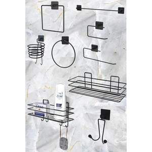 9'lu Set Siyah Fön Makinesi Askısı Havluluk Wc/tuvalet Kağıtlık Rulo Havluluk Şampunanlık Banyo Set