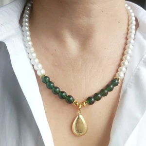 Devi Fashion Altın Kaplama Damla Uçlu Yeşil Taşlı Incili Kolye