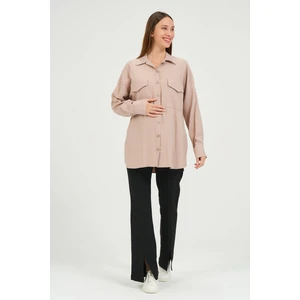 Hamile Önden Cepli Düğmeli Gömlek Vizon