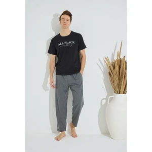 Erkek Siyah Bisiklet Yaka Kısa Kol Yuvarlak Yaka Cepli Yazlık Pamuklu Pijama Takımı