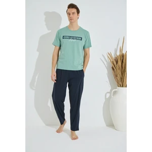 Erkek Yeşil Bisiklet Yaka Kısa Kol Yuvarlak Yaka Cepli Yazlık Pamuklu Pijama Takımı