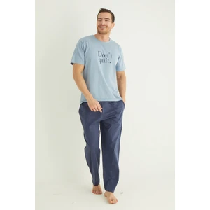 Erkek Mavi Bisiklet Yaka Kısa Kol Yuvarlak Yaka Cepli Yazlık Pamuklu Pijama Takımı