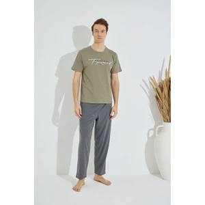 Erkek Haki Bisiklet Yaka Kısa Kol Yuvarlak Yaka Cepli Yazlık Pamuklu Pijama Takımı