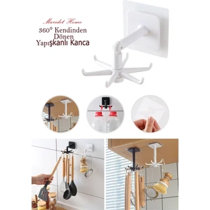 360° Dönen Altı Kancalı Çok Amaçlı Yapışkanlı Askı Mutfak Banyo Takı Askısı