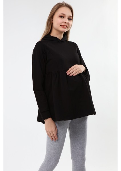 MYRA4531 Büzgülü Fermuarlı Emzirme Sweatshirt -Siyah