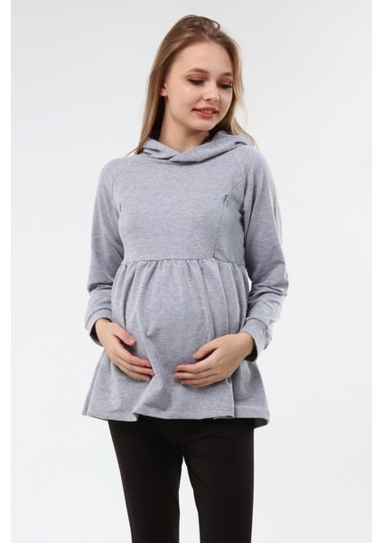MYRA4530 Büzgülü Fermuarlı Emzirme Sweatshirt -Gri