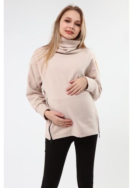 MYRA4283 Fermuarlı Hamile Sweatshirt -Bej