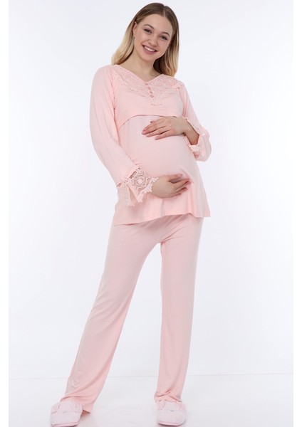 MYRA9512 - Dantelli Düğmeli Flaplı Hamile Pijama Takımı - Pembe