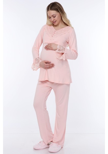 MYRA9512 - Dantelli Düğmeli Flaplı Hamile Pijama Takımı - Pembe