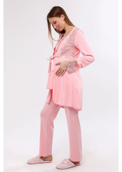 MYRA9642 Sabahlıklı Dantelli Hamile Pijama Takımı -Pembe