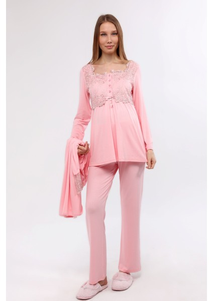 MYRA9642 Sabahlıklı Dantelli Hamile Pijama Takımı -Pembe