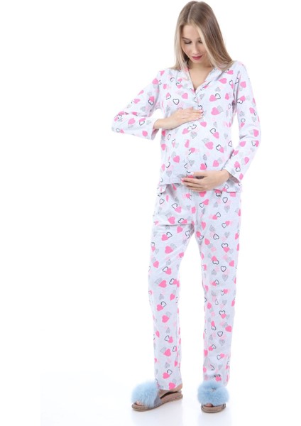 MYRA9535 Düğmeli Biyeli Hamile Pijama Takımı - Kalpli - Gri