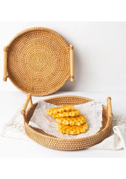 S-22CM Tarzı Ahşap Saplı El Dokuması Rattan Depolama Tepsisi Yuvarlak Hasır Sepet Ekmek Yemek Tabağı Meyveli Kek Tabağı Akşam Yemeği Servis Tepsisi (Yurt Dışından)