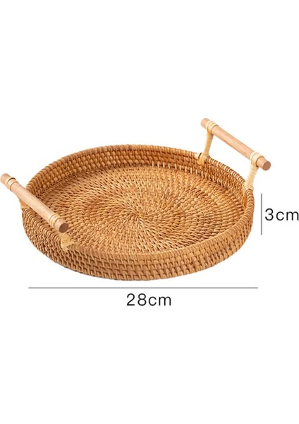 L 28CM x 6.5cm Stili Ahşap Saplı El Dokuması Rattan Depolama Tepsisi Yuvarlak Hasır Sepet Ekmek Yemek Tabağı Meyveli Kek Tabağı Akşam Yemeği Servis Tepsisi (Yurt Dışından)